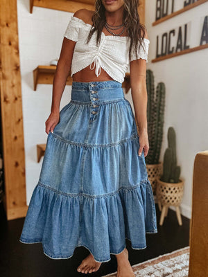 #Button Up Tiered Denim Maxi Skirt