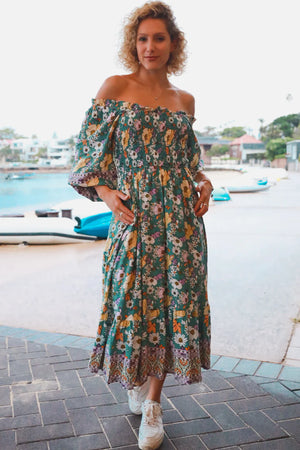 VALERIA 3/4 SLEEVES MIDI DRESS SHIRRED BODICE