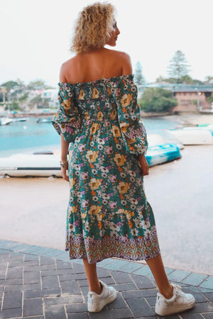 VALERIA 3/4 SLEEVES MIDI DRESS SHIRRED BODICE
