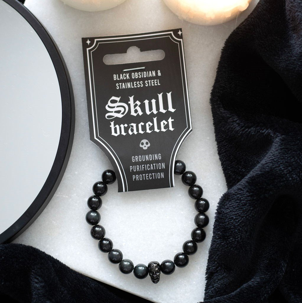 Black Obsidian Stainless Steel Skull Bracelet