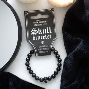 Black Obsidian Stainless Steel Skull Bracelet