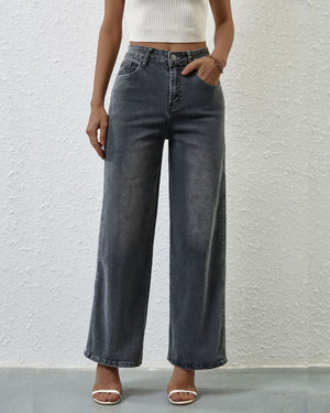 #Stretched High Waist Straight-Leg Denim Jeans