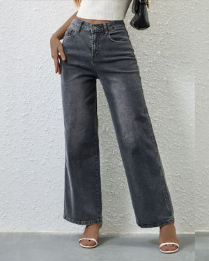 #Stretched High Waist Straight-Leg Denim Jeans