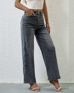 #Stretched High Waist Straight-Leg Denim Jeans