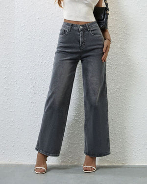 #Stretched High Waist Straight-Leg Denim Jeans