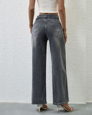 #Stretched High Waist Straight-Leg Denim Jeans