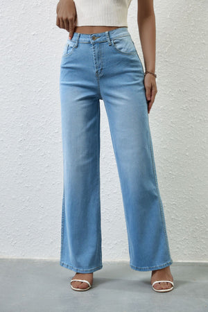 #Stretched High Waist Straight-Leg Denim Jeans