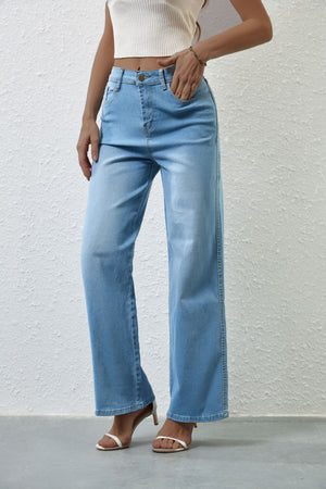 #Stretched High Waist Straight-Leg Denim Jeans
