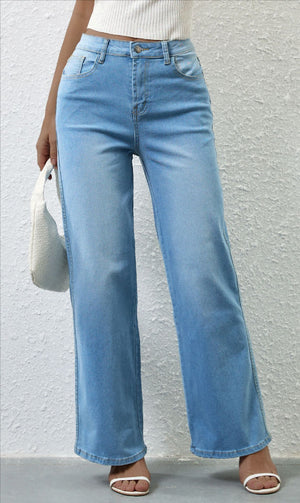 #Stretched High Waist Straight-Leg Denim Jeans