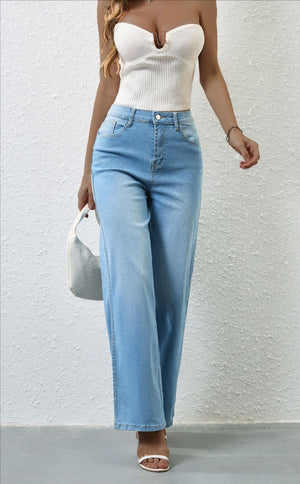 #Stretched High Waist Straight-Leg Denim Jeans