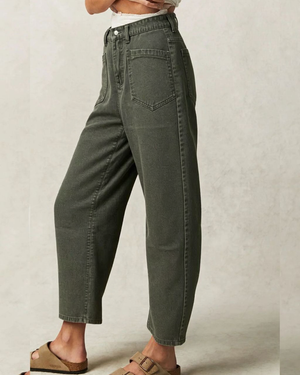 Elastic Waist Barrel Denim Jeans