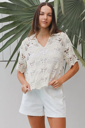Lucia Short Sleeve Collared Crochet Top
