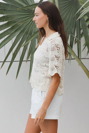 Lucia Short Sleeve Collared Crochet Top
