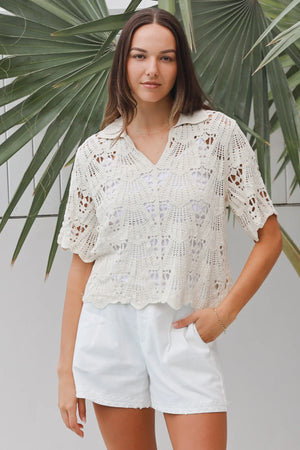 Lucia Short Sleeve Collared Crochet Top