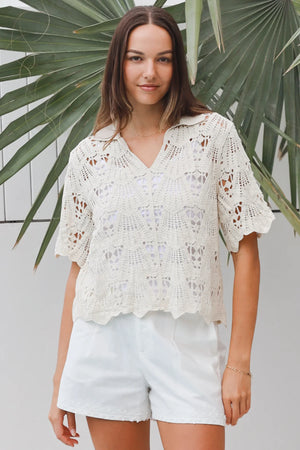 Lucia Short Sleeve Collared Crochet Top