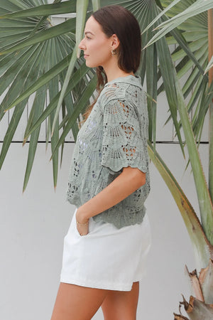 Lucia Short Sleeve Collared Crochet Top