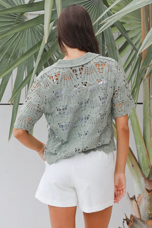 Lucia Short Sleeve Collared Crochet Top
