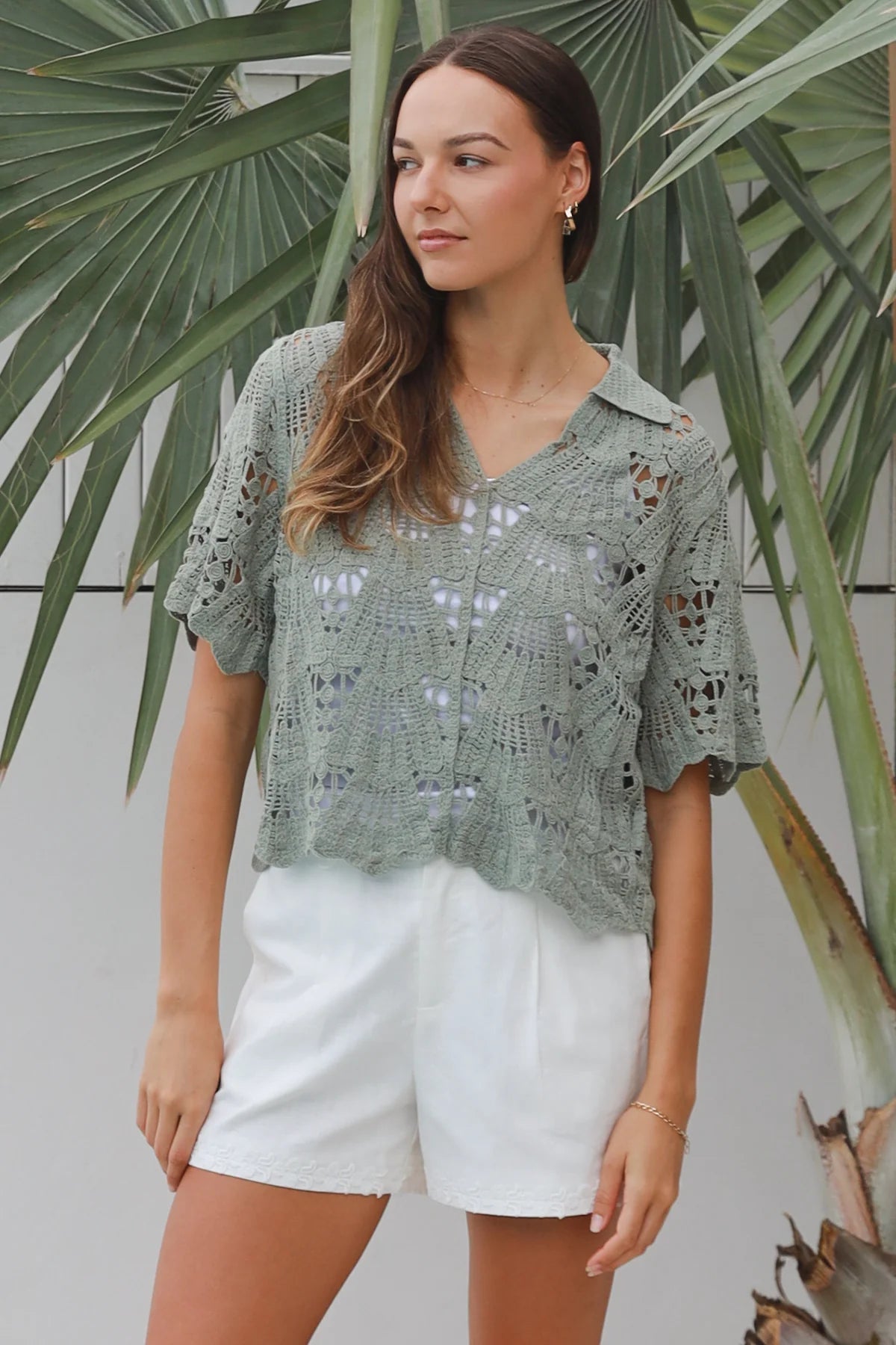 Lucia Short Sleeve Collared Crochet Top