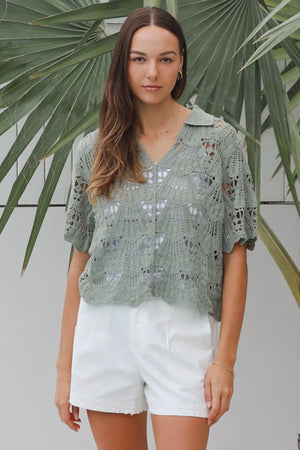 Lucia Short Sleeve Collared Crochet Top