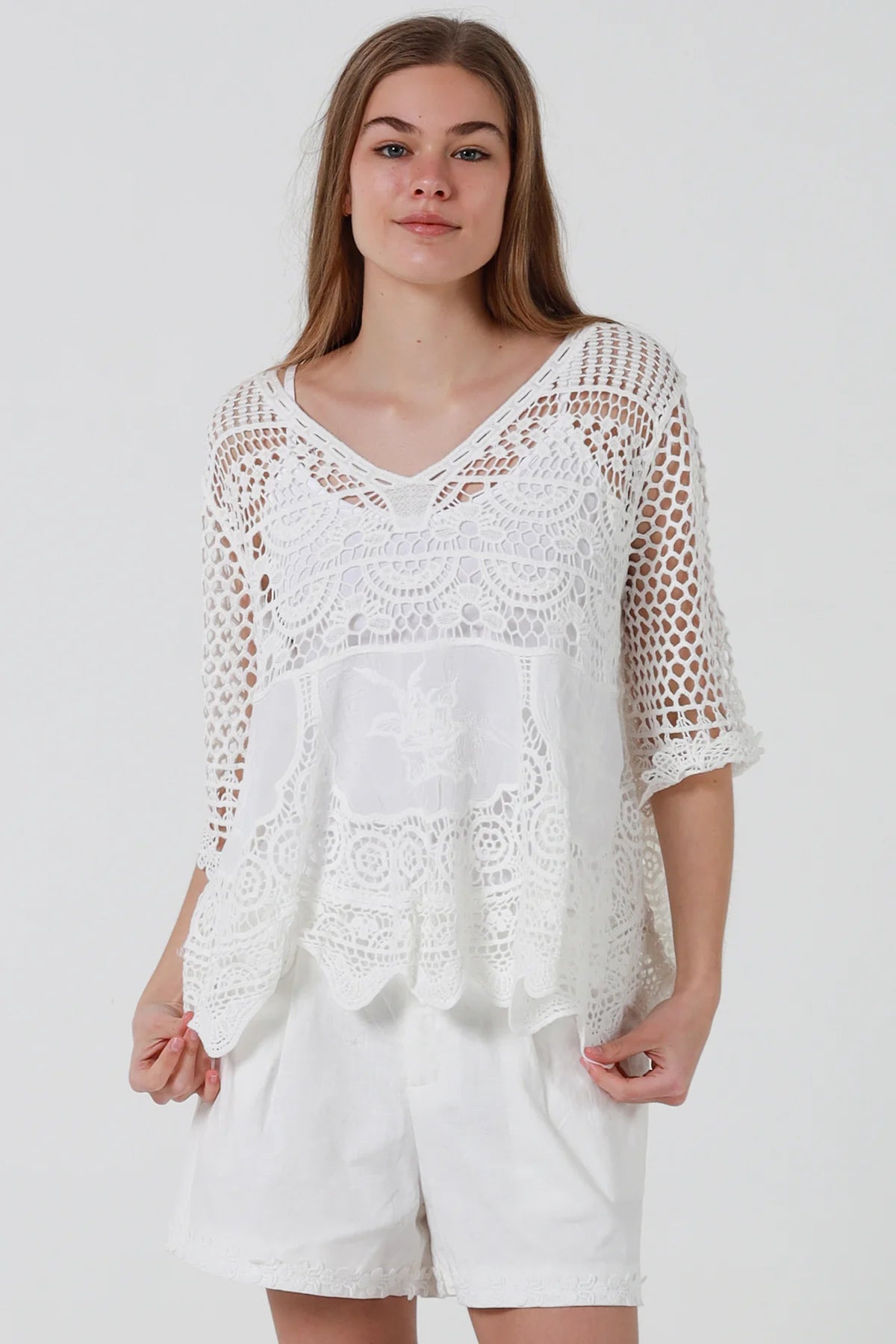 Maybella Crochet Scallop Hem Blouse