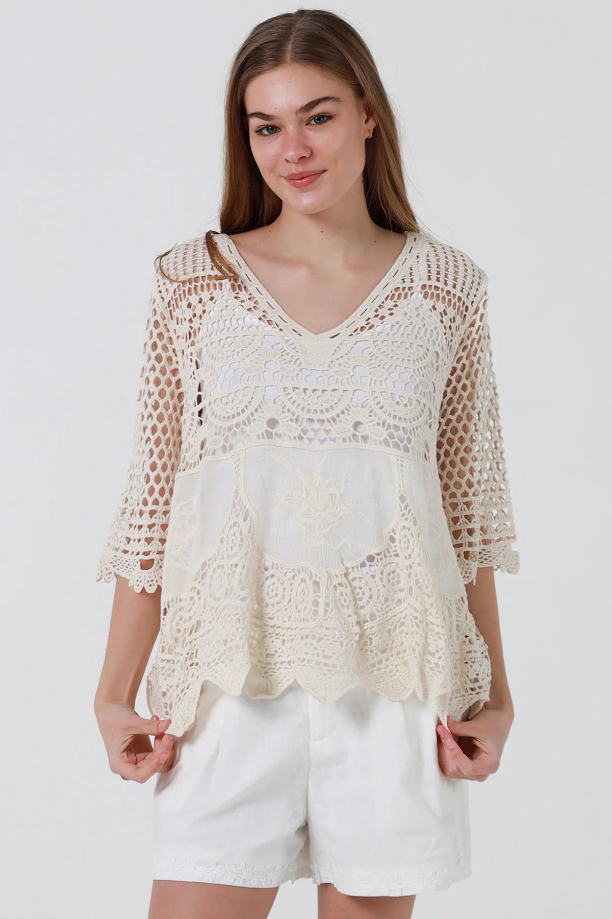 Maybella Crochet Scallop Hem Blouse