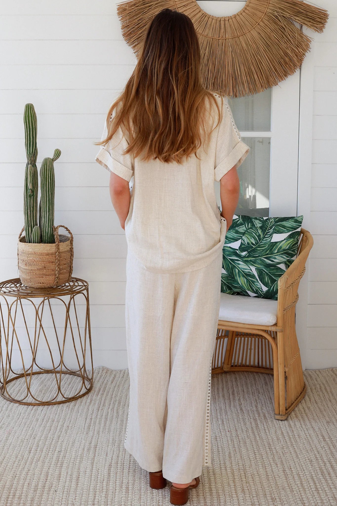 Jackie Linen Lace Pants Set with Eyelet Lace Detail