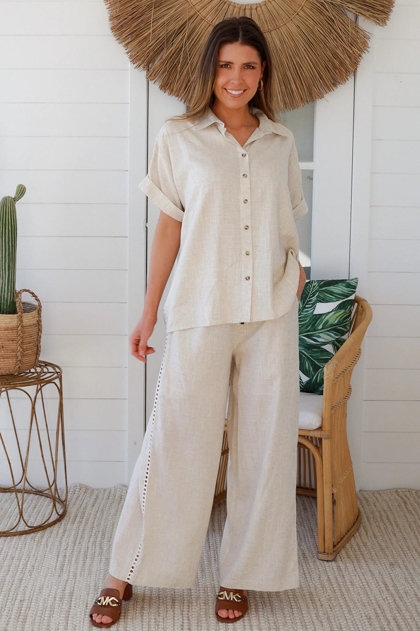Jackie Linen Lace Pants Set with Eyelet Lace Detail
