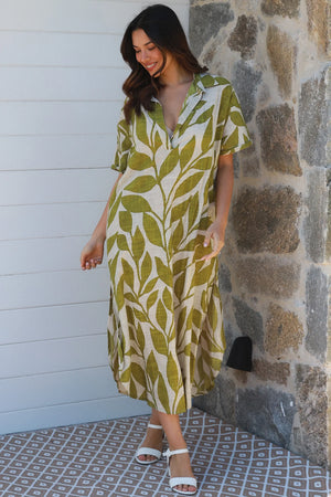 Olive Grove Grandpa Collar Maxi Dress