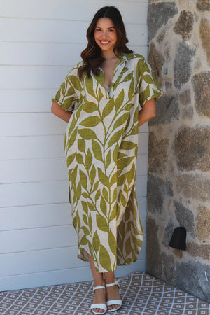 Olive Grove Grandpa Collar Maxi Dress