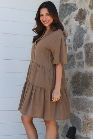 Khaki Grandpa Collar Midi Dress