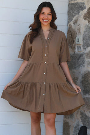 Khaki Grandpa Collar Midi Dress