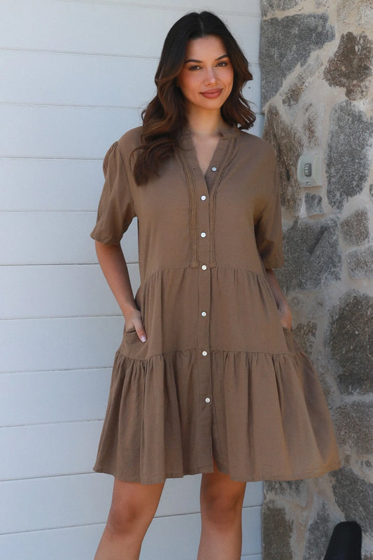 Khaki Grandpa Collar Midi Dress