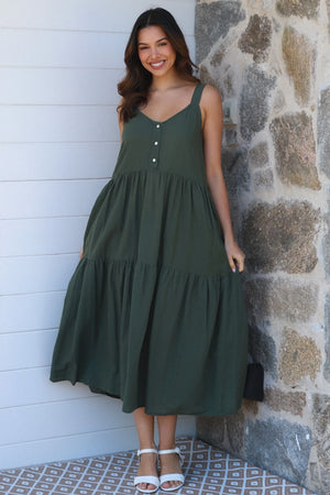 Olive 3 Tier Strappy Maxi Dress