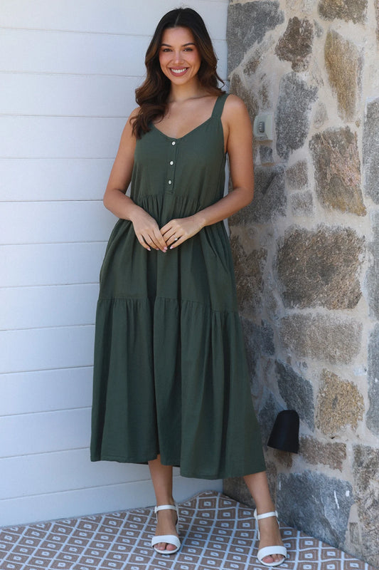 Olive 3 Tier Strappy Maxi Dress