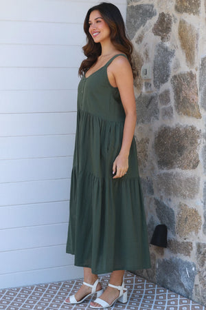 Olive 3 Tier Strappy Maxi Dress