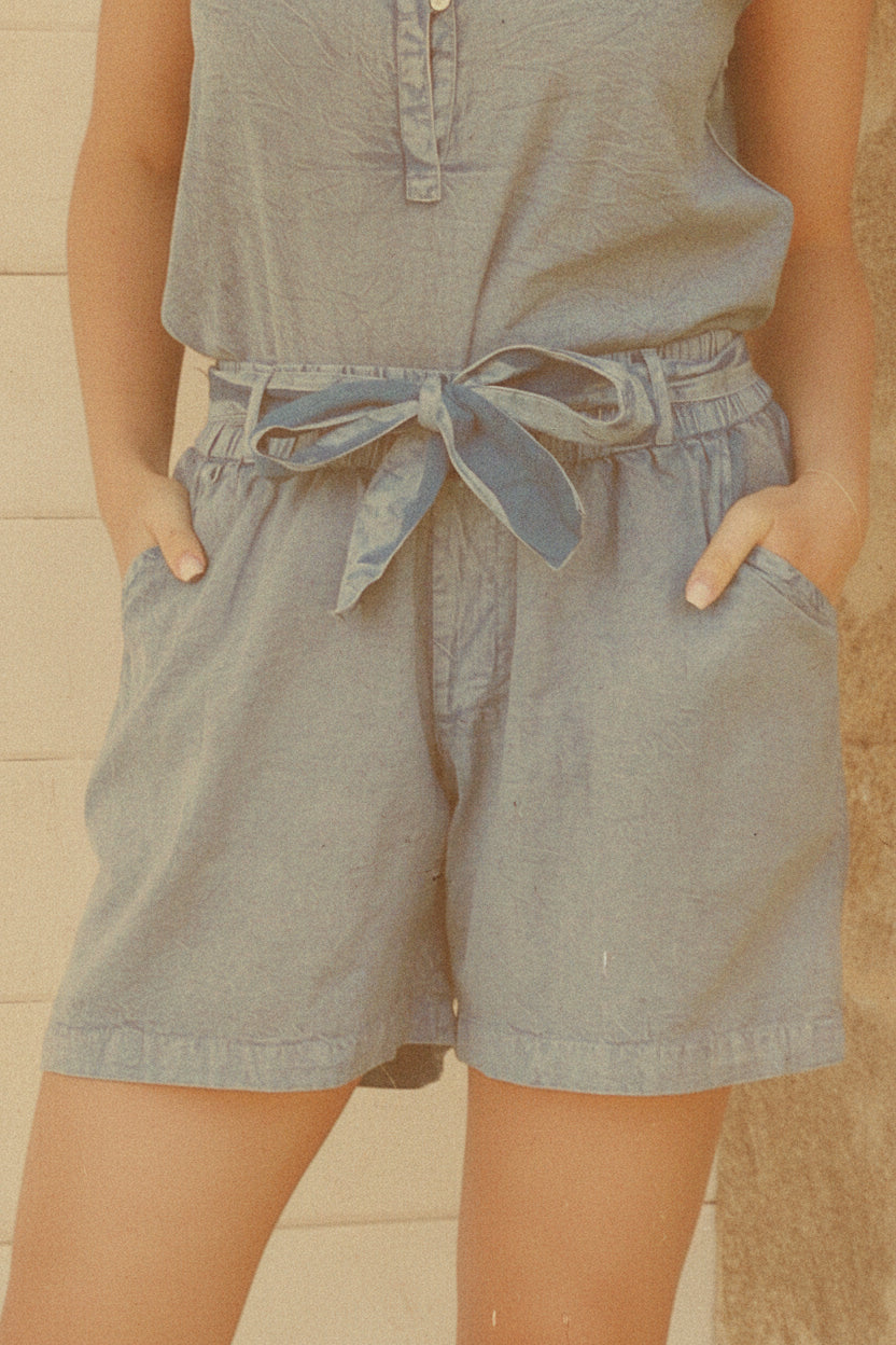 #Denim Look Shorts With Tie