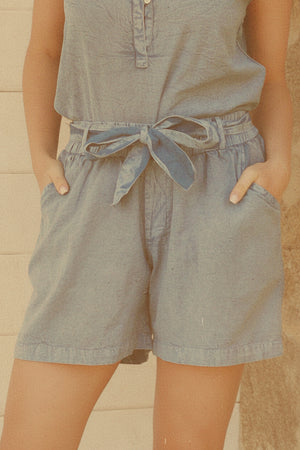 #Denim Look Shorts With Tie