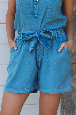 #Denim Look Shorts With Tie