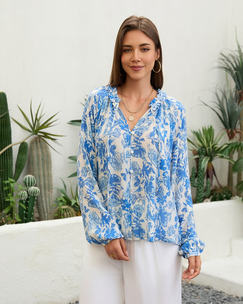 Floral Ruffle Collar Button Up