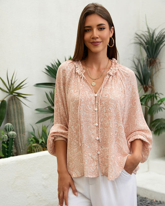 #Paisley Ruffle Collar Button Up Shirt