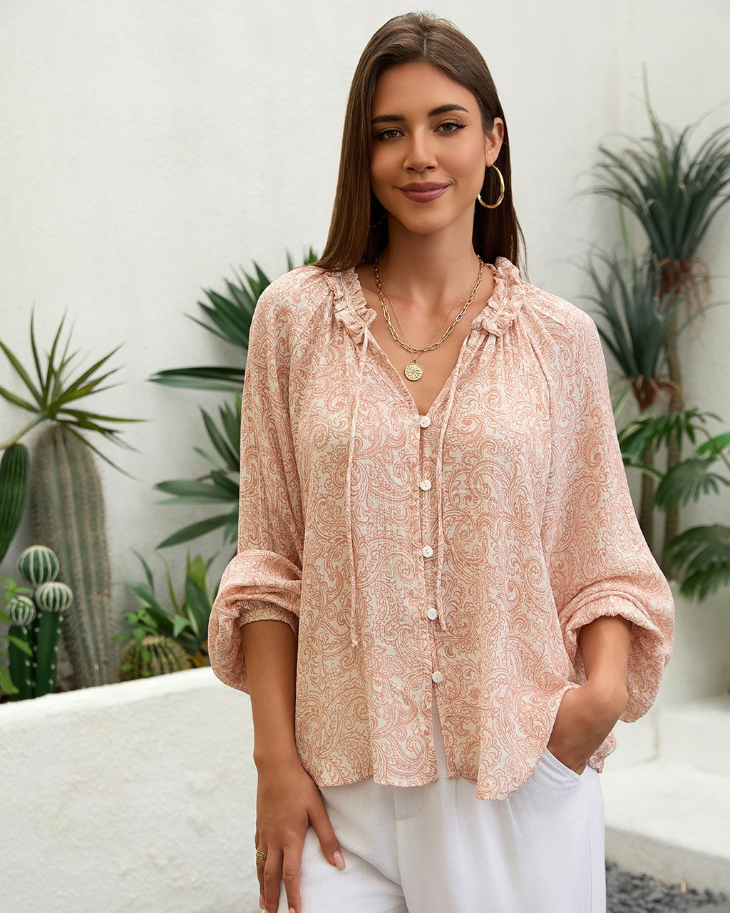 Paisley Ruffle Collar Button Up Shirt