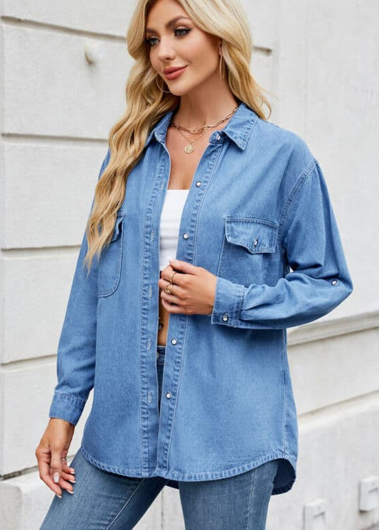 Button Up Roll Up Sleeves Denim Shirt