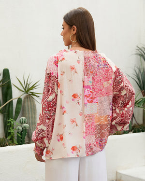 V-Neck Patchwork Frill Top