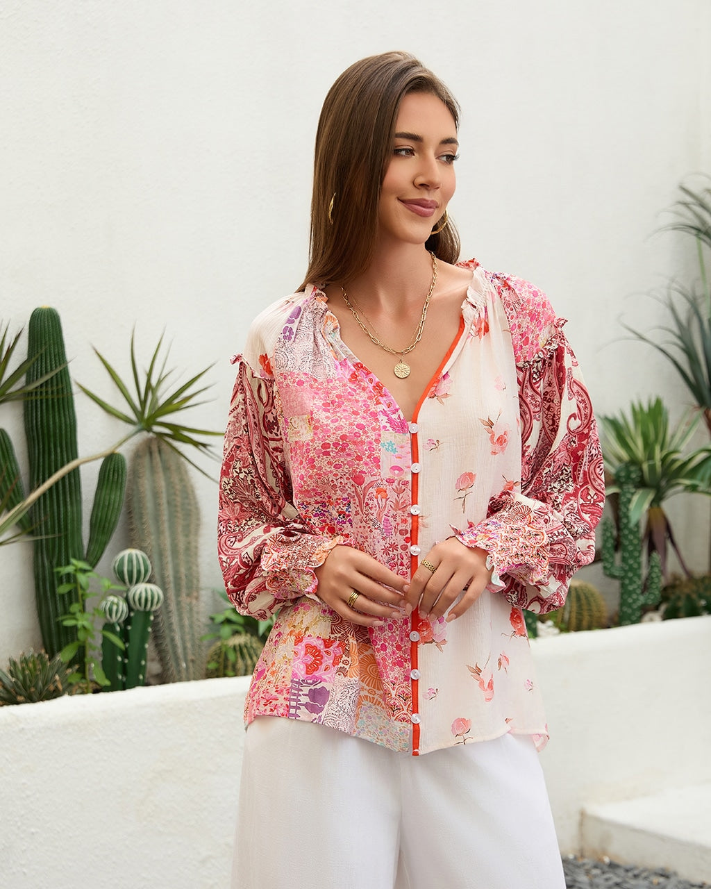 V-Neck Patchwork Frill Top