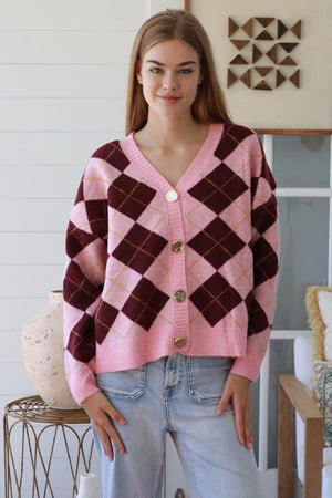 Argyle Gold Button Up Cardigan
