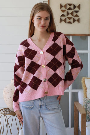 Argyle Gold Button Up Cardigan