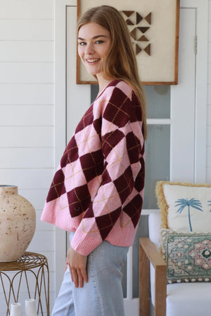 Argyle Gold Button Up Cardigan