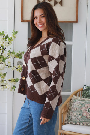 Argyle Gold Button Up Cardigan