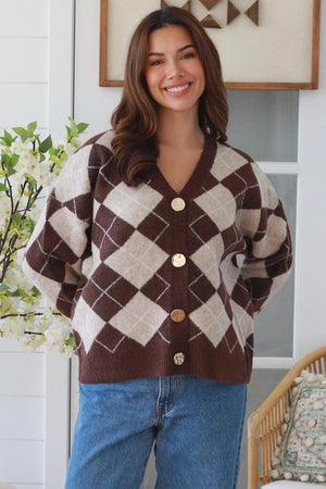 Argyle Gold Button Up Cardigan