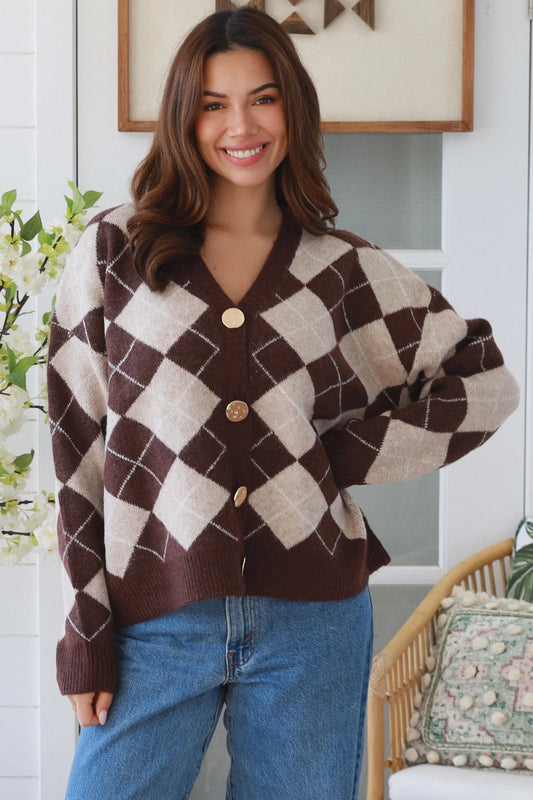 Argyle Gold Button Up Cardigan